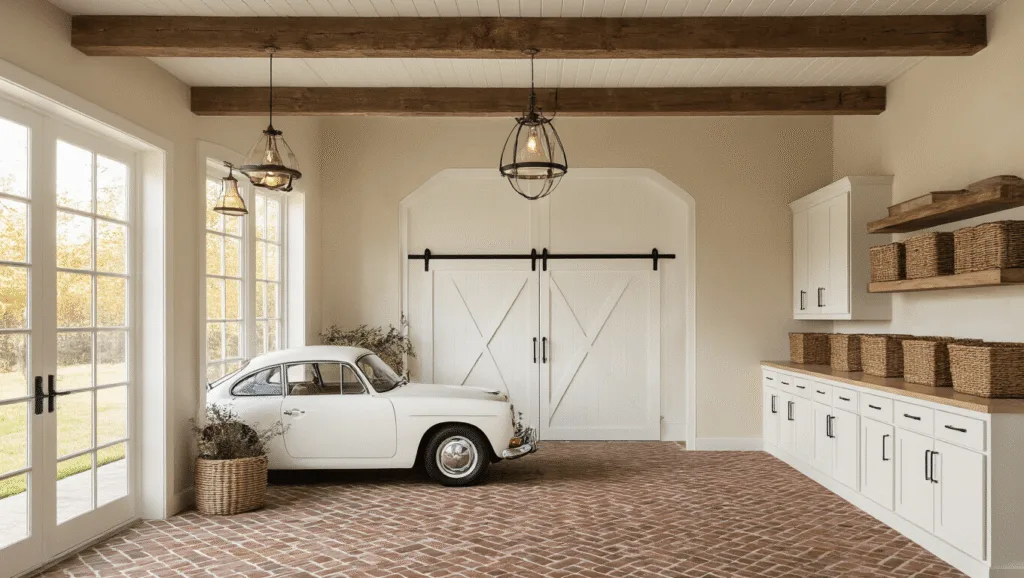 "Interior of a farmhouse garage with white carriage doors, exposed wooden beams, vintage pendant lights, herringbone brick floor, and rustic storage solutions with natural sunlight."