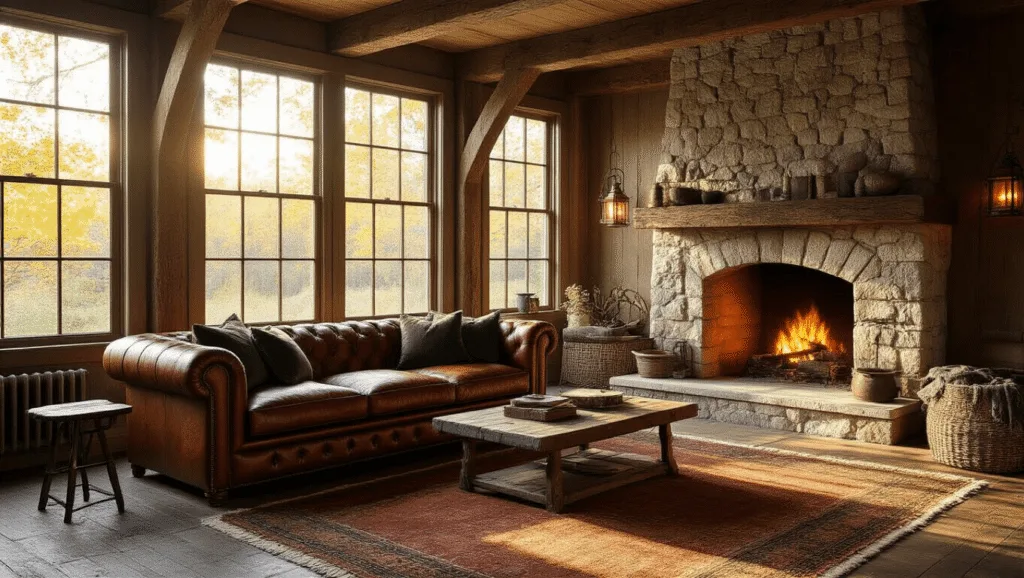 "Rustic living room with leather sofa, stone fireplace, vintage decor, and warm sunlight coming through the window"
