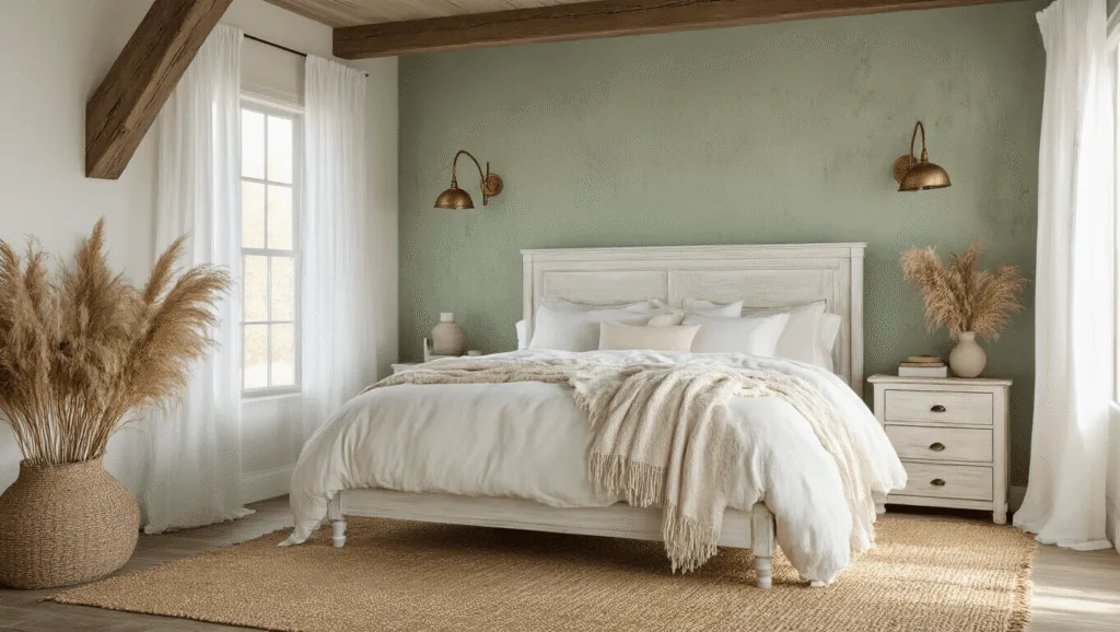 "Sage green farmhouse bedroom featuring distressed white oak king bed, vintage brass lighting, exposed wooden beams, and minimalist rustic decor with soft morning light streaming in"