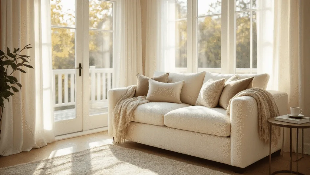 "Sunny master bedroom with cream loveseat, hardwood floors, and white bedding, adorned with throw pillows and blanket, and a side table with a book and coffee cup"
