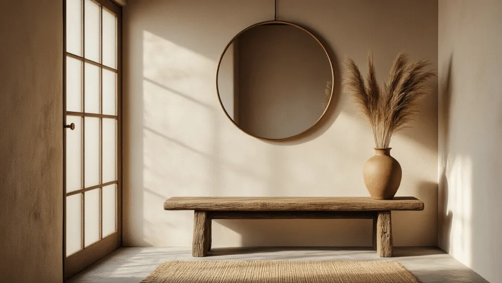 "Zen entryway with clay walls, wooden bench, vintage mirror, pampas grass in ceramic vase, jute rug and stone flooring in soft morning light, following wabi-sabi philosophy"
