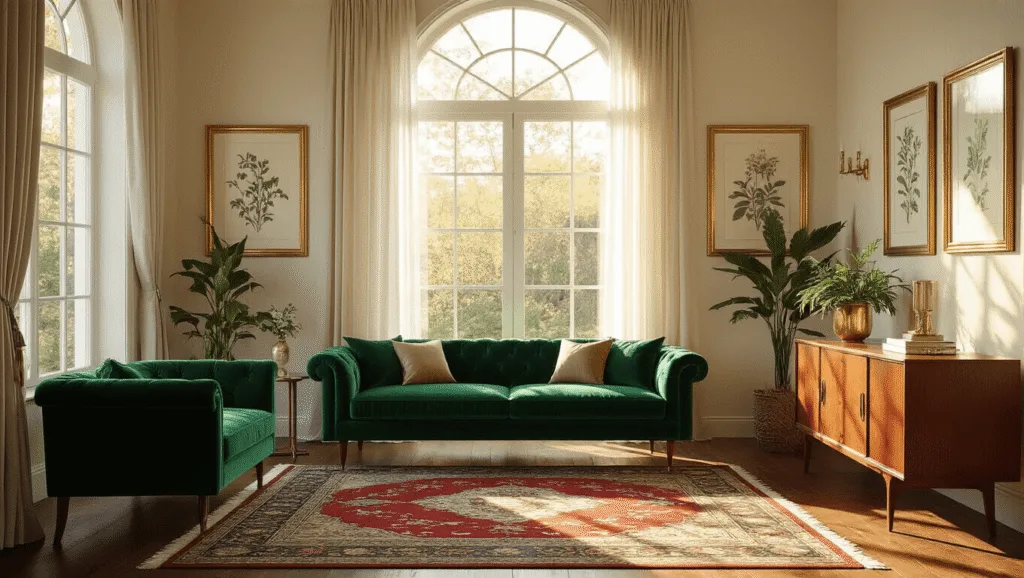 "Vintage living room with emerald velvet sofa, Persian rug, teak sideboard, arched window with sheer curtains during golden hour light"