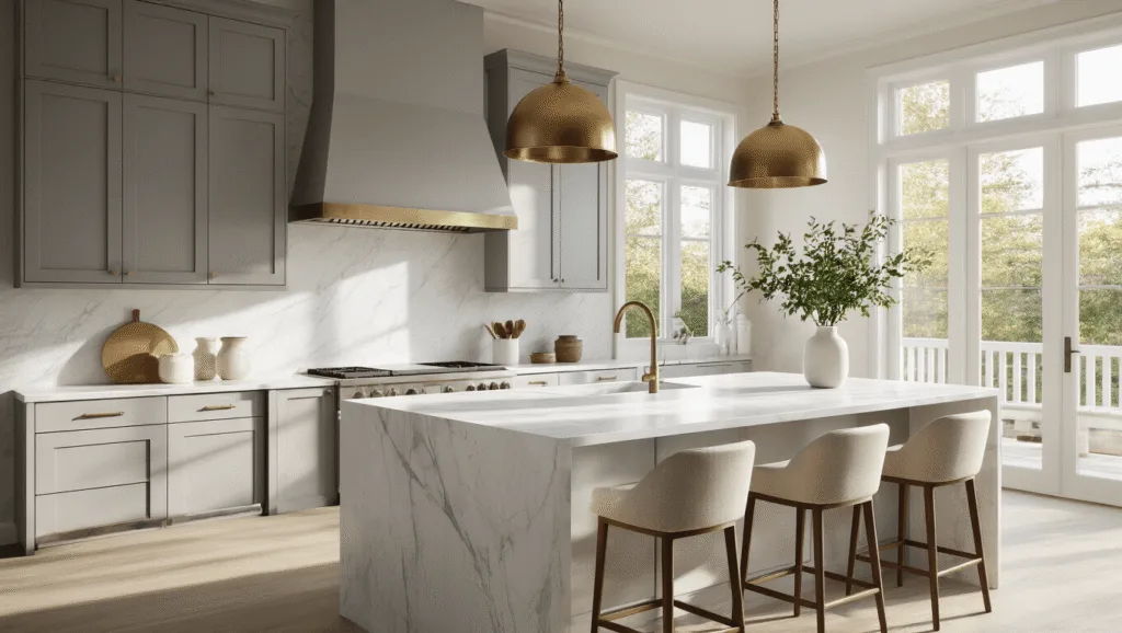 "Bright transitional kitchen with gray cabinets, white marble island, pendant lights and windows, adorned with ceramic vases and greenery under morning light"