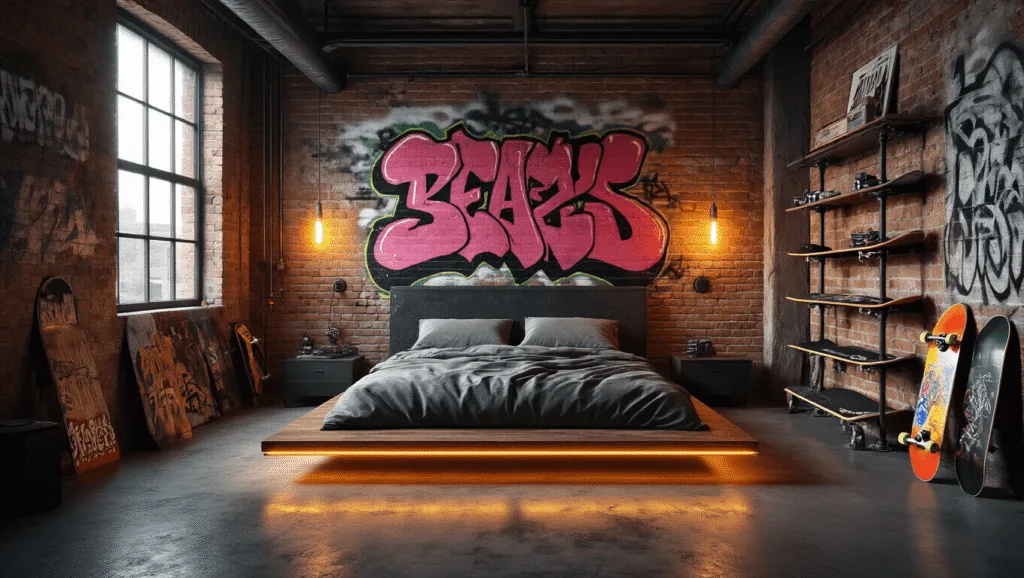 Urban bedroom with exposed brick walls, graffiti mural, platform bed, vintage skateboards on pipe shelving, warm LED lights, high ceilings with exposed ducts, and golden hour lighting.
