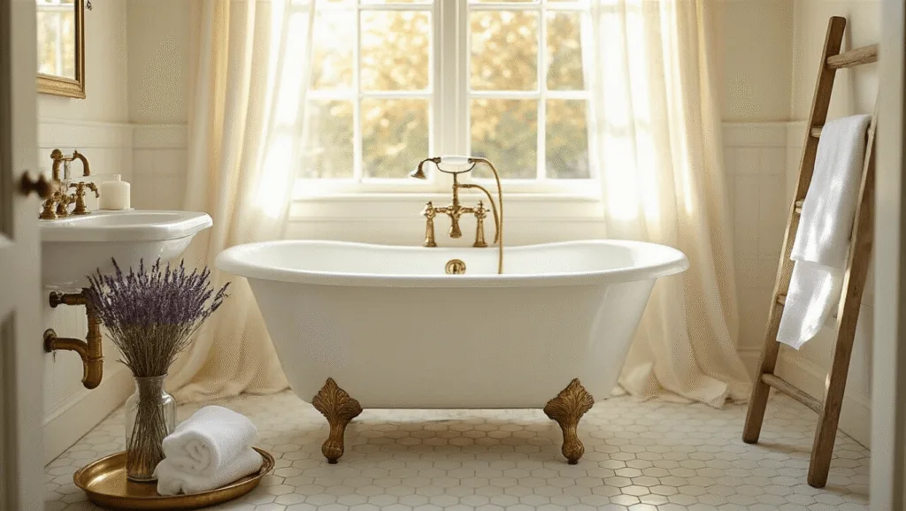 "Vintage bathroom with a white clawfoot tub, brass fixtures, and sheer linen curtains filtering morning light"