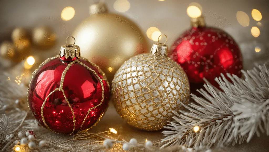 "Collection of vintage gold, red, and silver Christmas ornaments arranged elegantly under soft warm lighting"