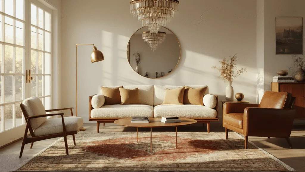 "Vintage modern living room with mid-century sofa, brass accents, and golden hour lighting"
