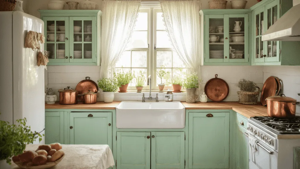 "Vintage shabby chic kitchen with mint green cabinets, antique copper pots, farmhouse sink, dried herbs, white furniture with peeling paint, lace curtains, and morning light filtering in."