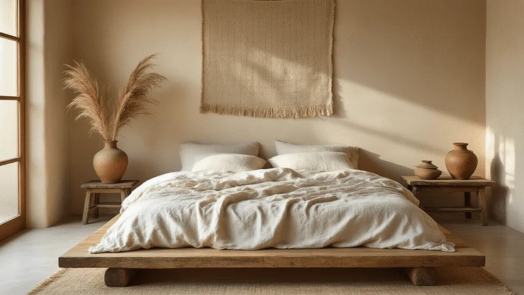 "Serene wabi-sabi bedroom with low platform bed, vintage ceramics, and pampas grass in soft morning light"
