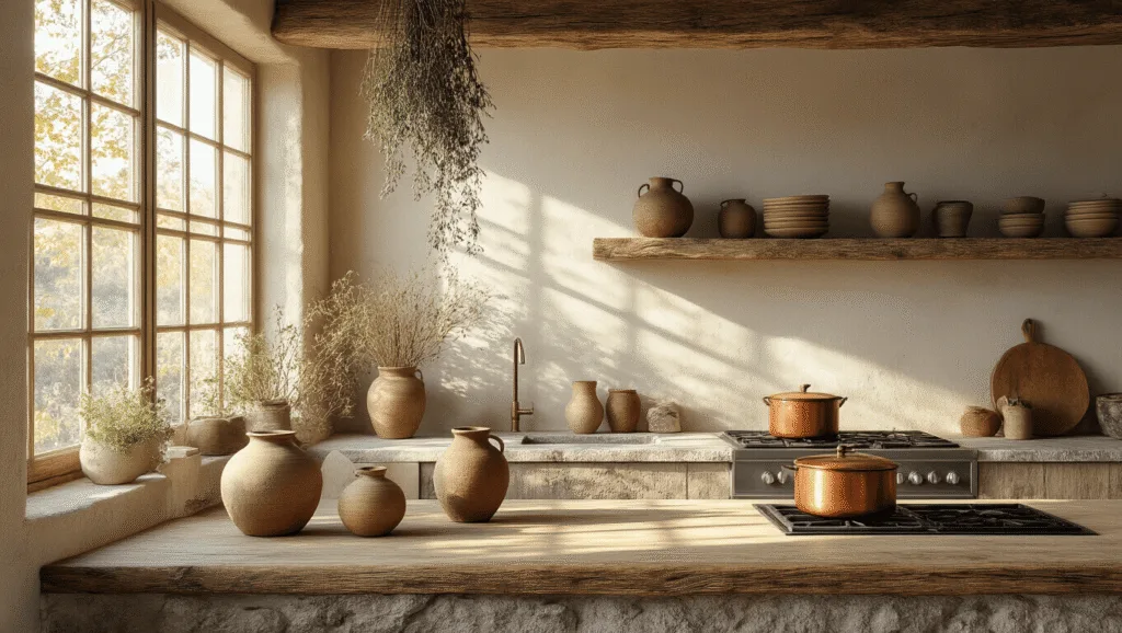 "Sunlit rustic kitchen with weathered wood, handmade ceramics, dried herbs, and copper cookware"
