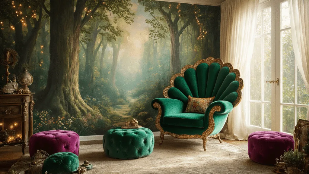 "Emerald velvet peacock-shaped armchair in a whimsical living room with jewel-toned ottomans against a fantastical forest mural, bathed in soft afternoon light streaming through sheer curtains"