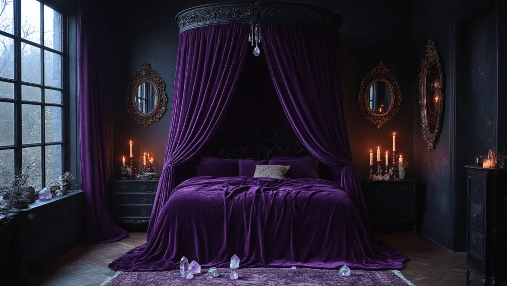 "Witchy luxurious bedroom with purple velvet canopy bed, crystal clusters, vintage mirrors and soft candlelight ambiance against dark walls"
