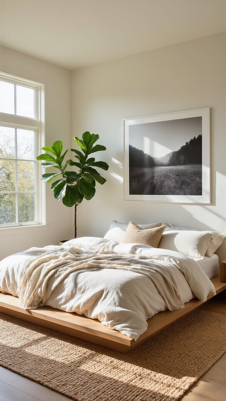 Bird’s eye view of a sunlit 14x16ft bedroom with low oak platform bed in ivory linens, jute rug, large west-facing windows, fiddle leaf fig casting shadows, and black-and-white photo on textured white wall.