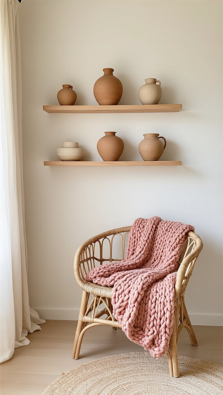Minimalist boho bedroom corner with rattan chair, clay pink knit throw, ceramic vessels on floating shelves, and soft morning light through sheer curtains.