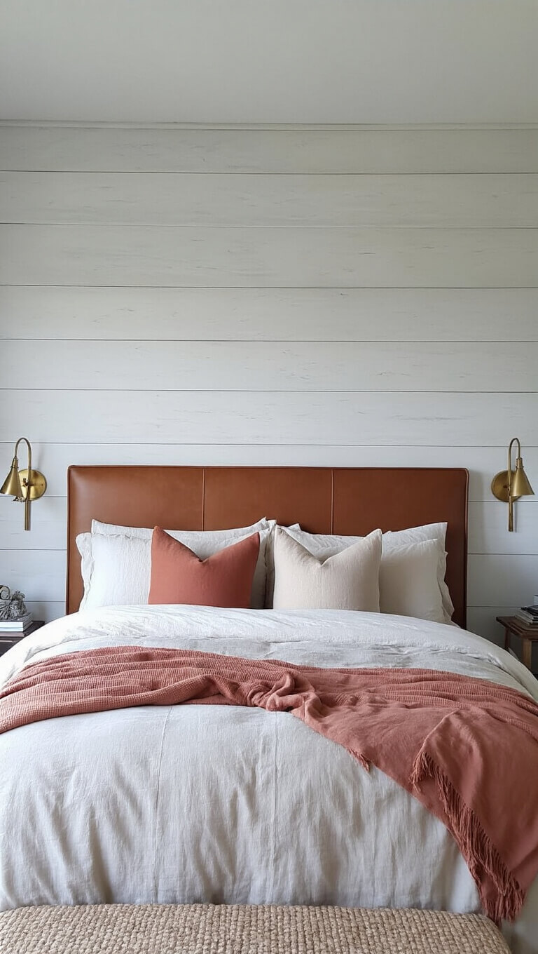 Twilight bedroom with cognac leather headboard, layered neutral bedding, brass sconces, and oversized silk pillows in cool gray-blue light.