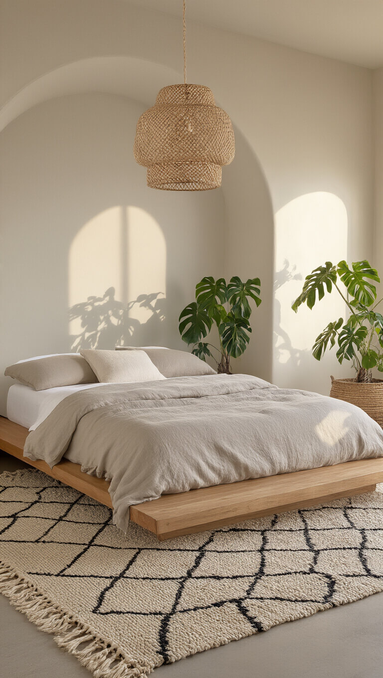 Modern bohemian bedroom at dawn with platform bed in undyed linen, geometric wool rug, monstera plant casting shadows, and woven pendant lamp in textured alcove.