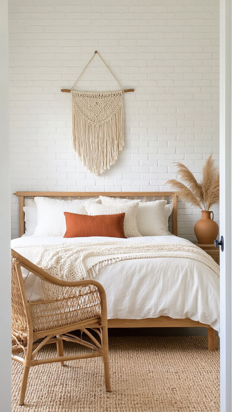 Serene 13x15ft bedroom with whitewashed brick wall, macramé art, low wooden bed with neutral layered bedding and rust pillow, rattan chair with pampas-filled vase, bathed in late afternoon light.