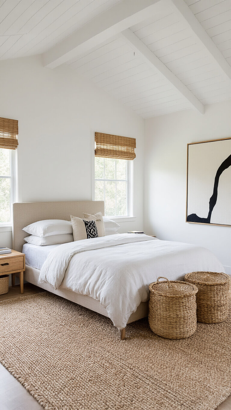 Minimalist 14x16ft bedroom with vaulted ceilings, queen bed with linen headboard, abstract black-and-white artwork, woven baskets, and bamboo-filtered natural light.