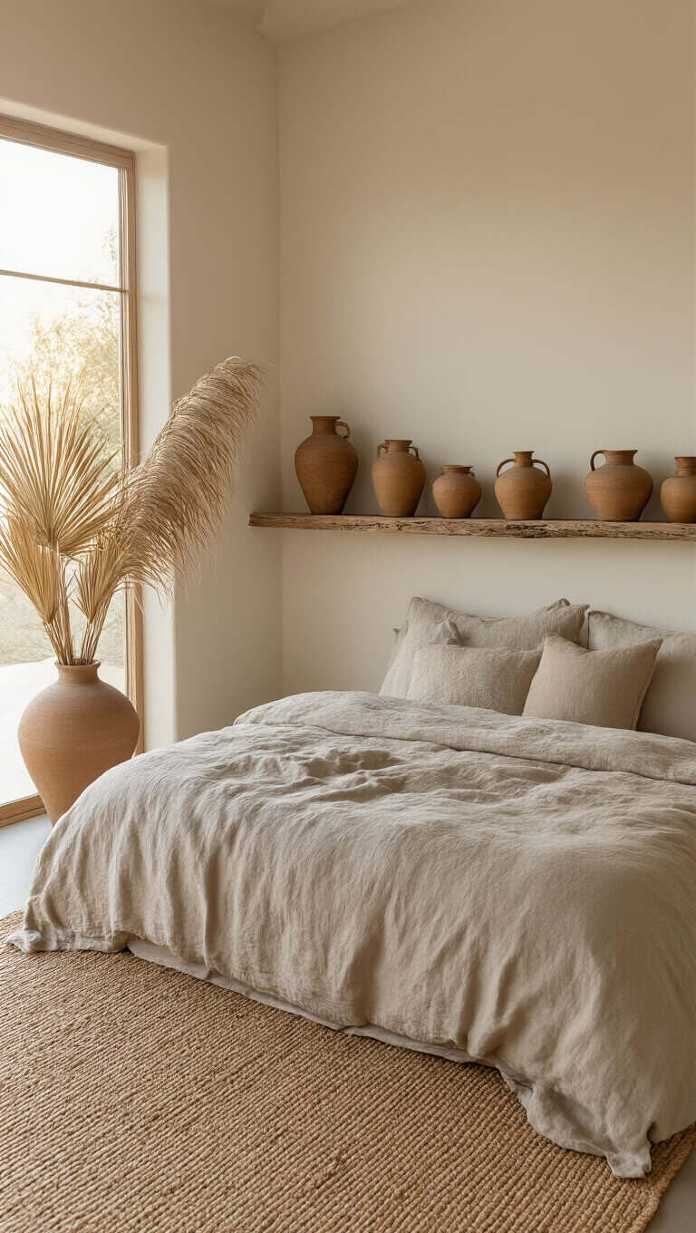 Golden hour light fills a cozy 12x14ft bedroom corner with a low-profile bed in stonewashed linen beside a jute rug; earthenware vessels and dried palm fronds decorate a reclaimed wood shelf.