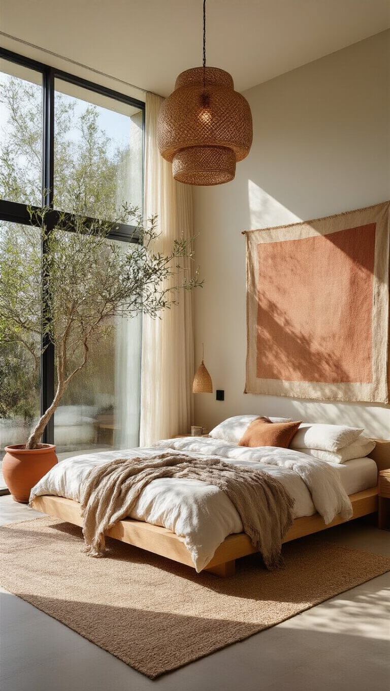 Airy 15x17ft bedroom with floor-to-ceiling windows, bleached oak platform bed with natural cotton and linen bedding, muted clay-toned abstract textile art, handwoven pendant light casting shadows, and terracotta potted olive tree.