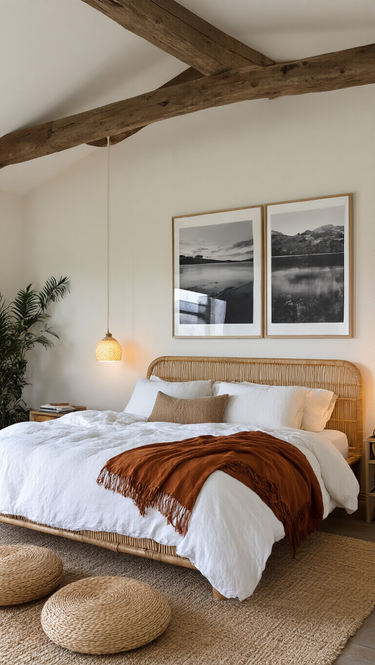 Modern boho bedroom at dusk with rattan bed, white linens, rust throw, black and white photo triptych, woven floor cushions, and warm ambient lighting.