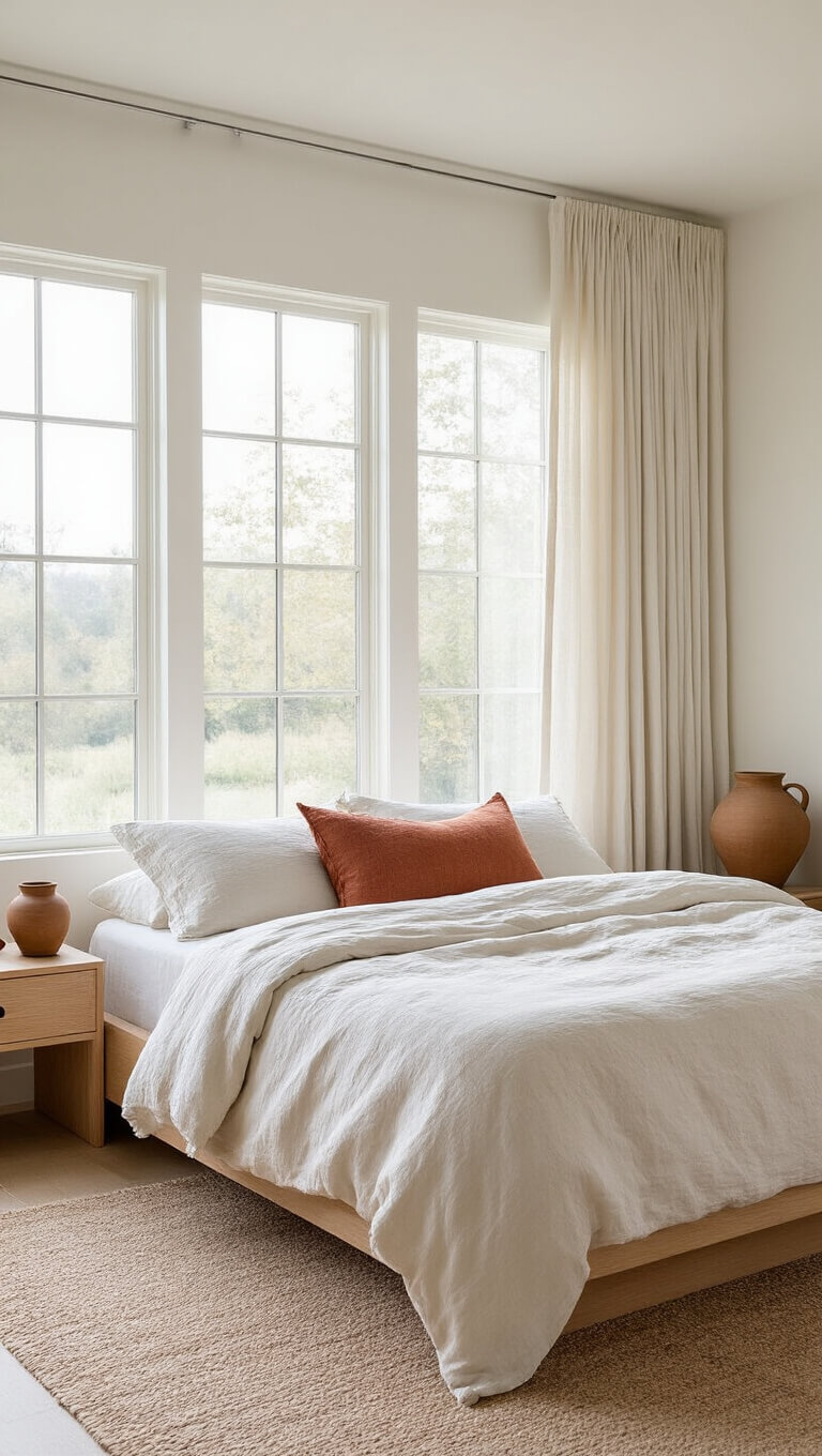 Minimalist primary bedroom with white oak platform bed, ivory linens, terracotta kilim pillow, and soft morning light filtering through linen curtains.