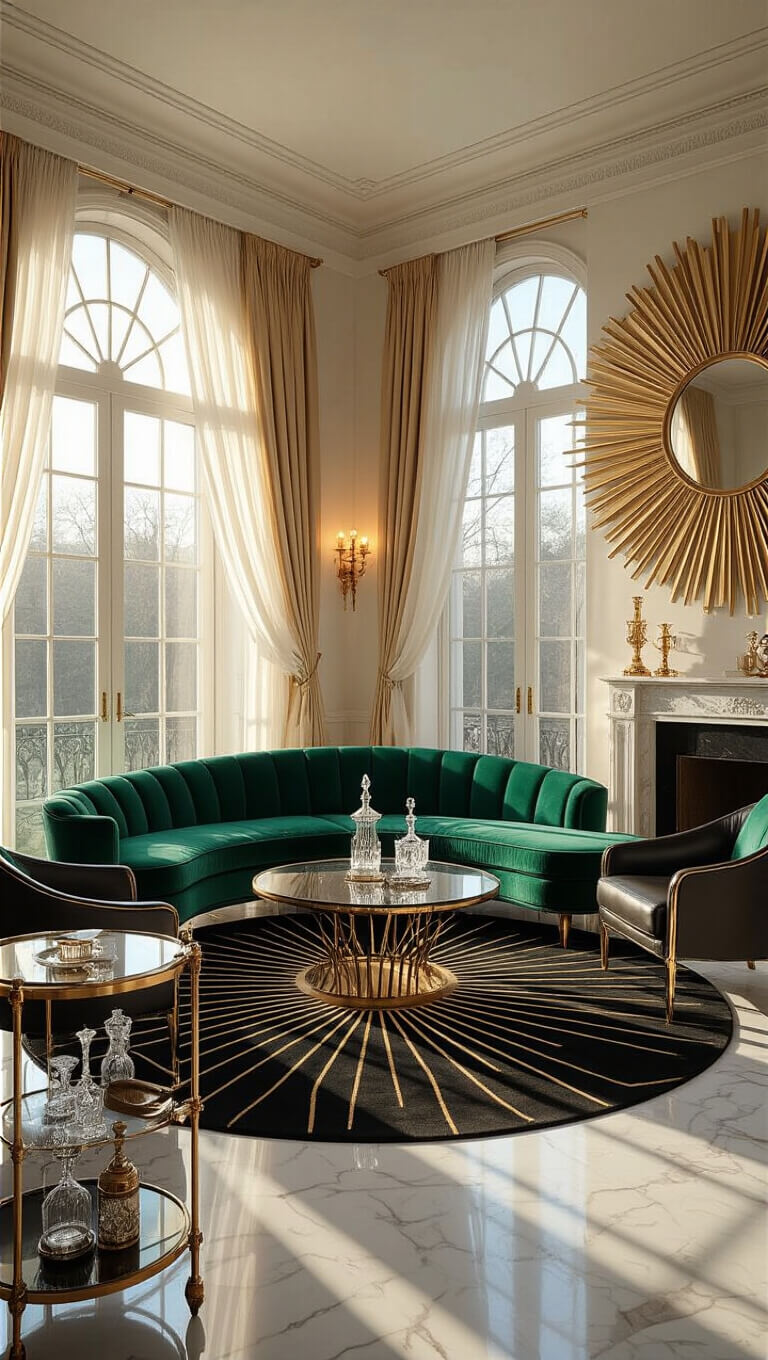 Art Deco living room with emerald velvet sofa, sunlit arched windows, marble fireplace, and vintage accents in golden hour light.
