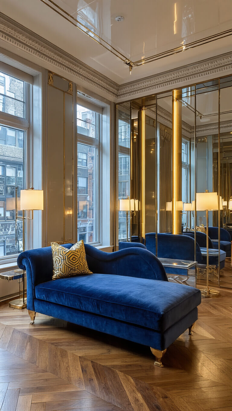 Art Deco salon corner with sapphire velvet chaise, herringbone floors, brass lamps, mirrored wall, and chrome-accented stepped ceiling under dramatic lighting.