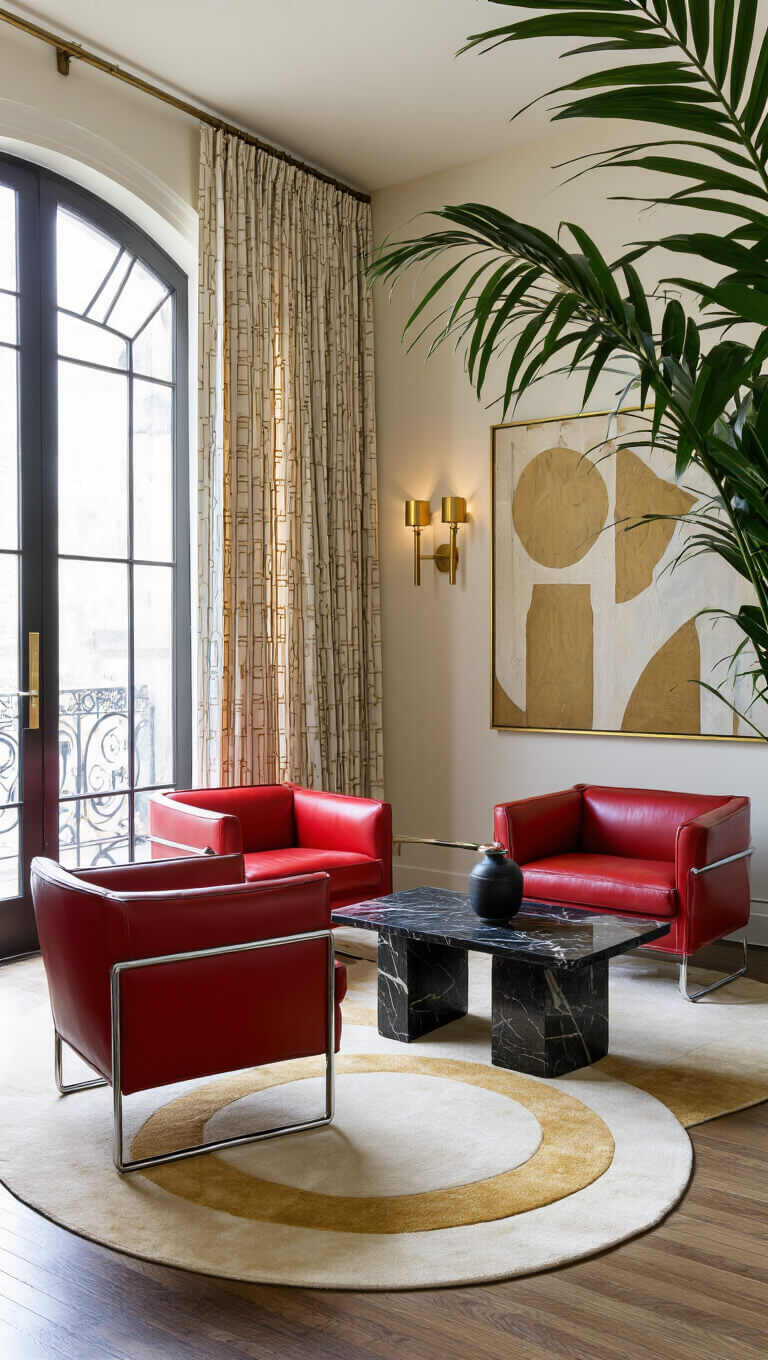 Art Deco sitting area with ruby red leather chairs, black marble coffee table, and geometric curtains filtering natural light, viewed through palm fronds.