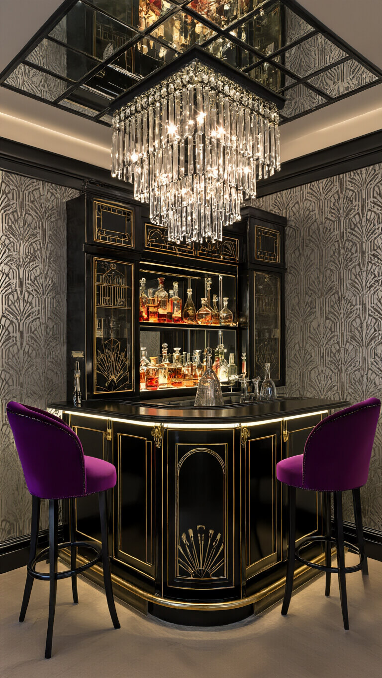 Art Deco home bar with mirrored ceiling, crystal chandelier, black and gold bar cabinet, vintage decanters, purple velvet barstools, and geometric silver and black wallpaper in dusky lighting.