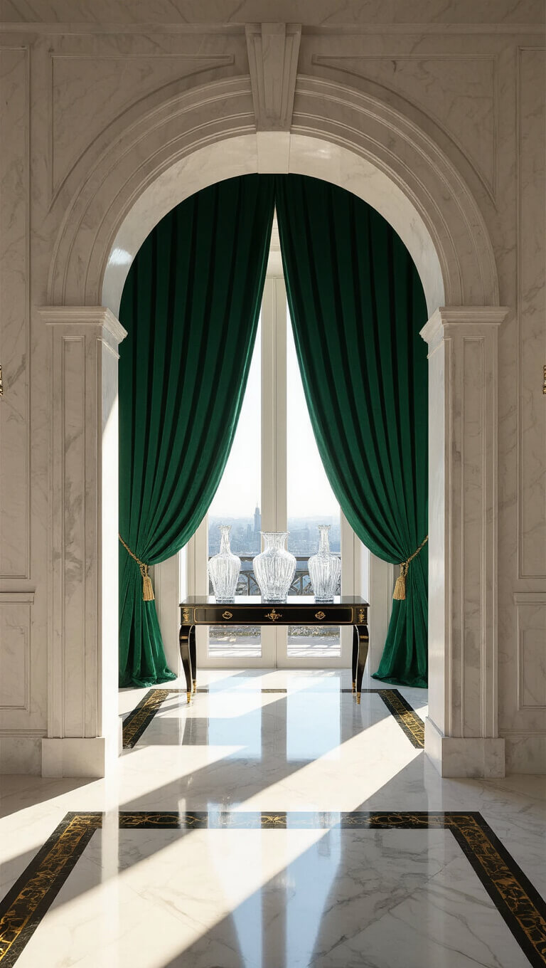 Art Deco archway with stepped detail framing marble floor with brass inlays, emerald green curtains, and black lacquer console table with crystal vases, lit by dramatic late afternoon lighting.