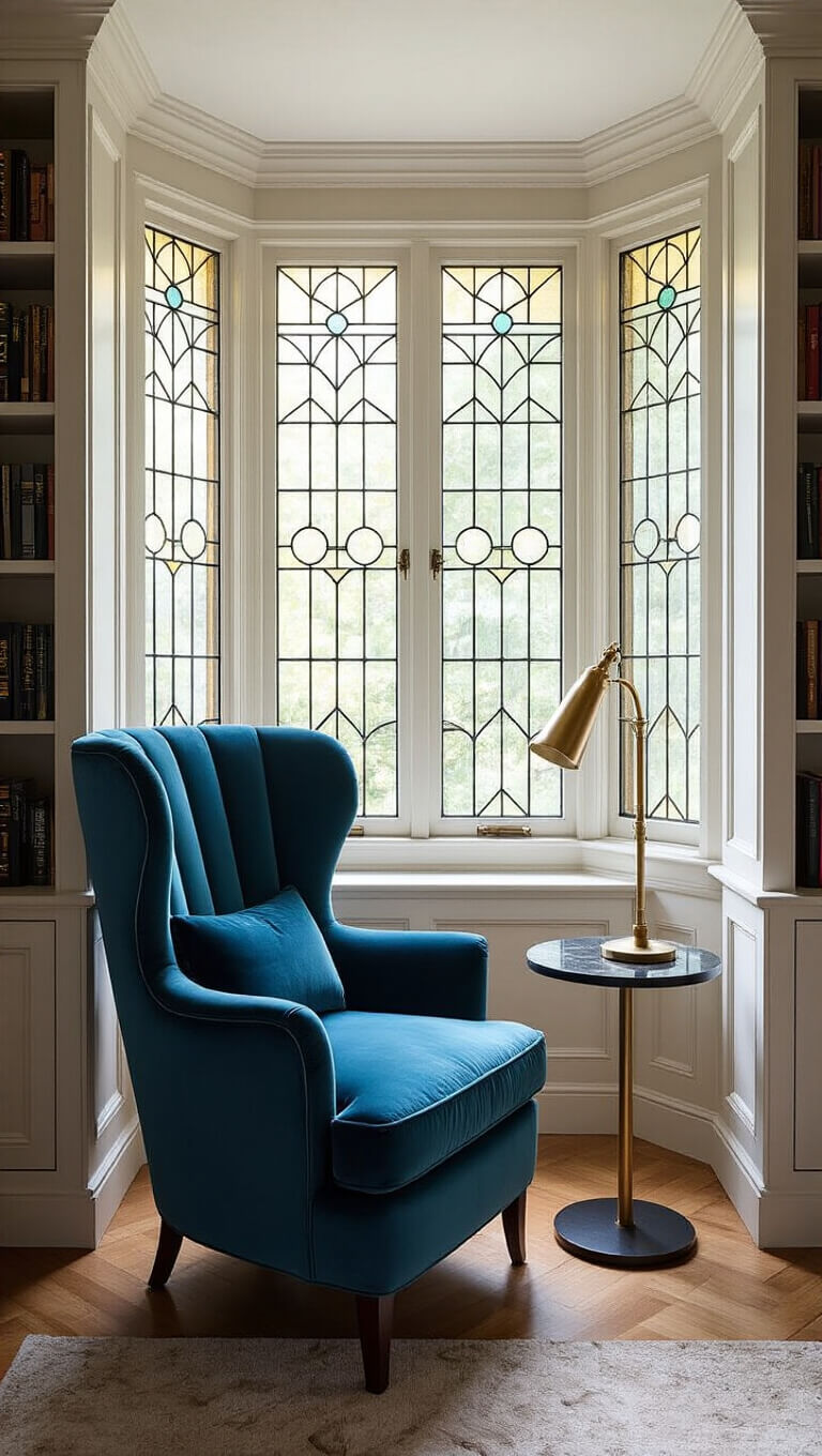 Art Deco reading nook with peacock blue velvet chair, brass lamp, black marble side table, built-in glass bookshelves, and morning light through geometric leaded glass window.