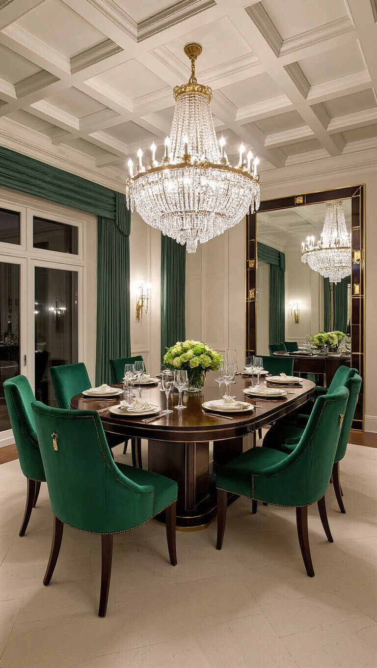 Art Deco dining room with coffered ceiling, crystal chandelier, oval dark wood table with brass inlay, eight emerald velvet chairs, large stepped mirror, and dramatic lighting in 18x20ft space.