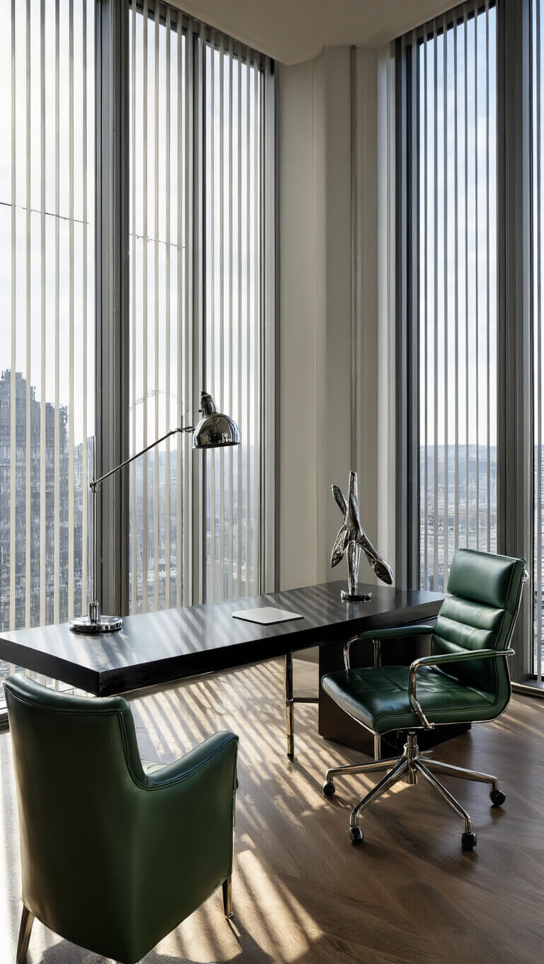 Modernist Art Deco office with black waterfall desk, green leather chair, chrome lamp, and mid-day light casting geometric shadows through vertical blinds.