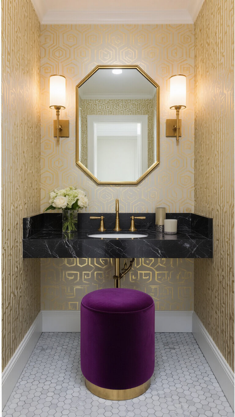 Art Deco powder room with black marble vanity, brass-framed hexagonal mirror, gold and cream geometric wallpaper, frosted glass sconces, and a royal purple velvet stool.