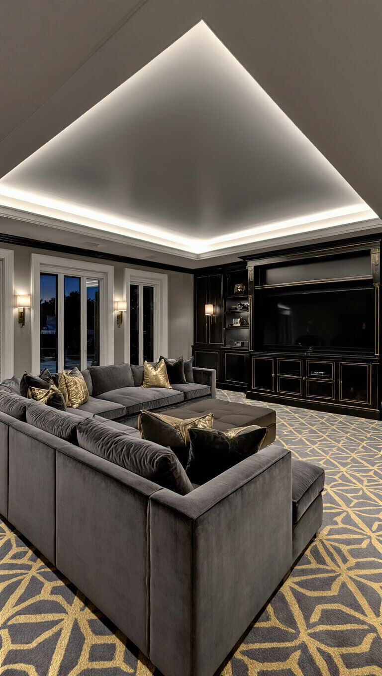 Art Deco media room with charcoal velvet sectional, geometric grey and gold carpet, black lacquer and brass entertainment unit, under a stepped tray ceiling with LED cove lighting in evening ambiance.