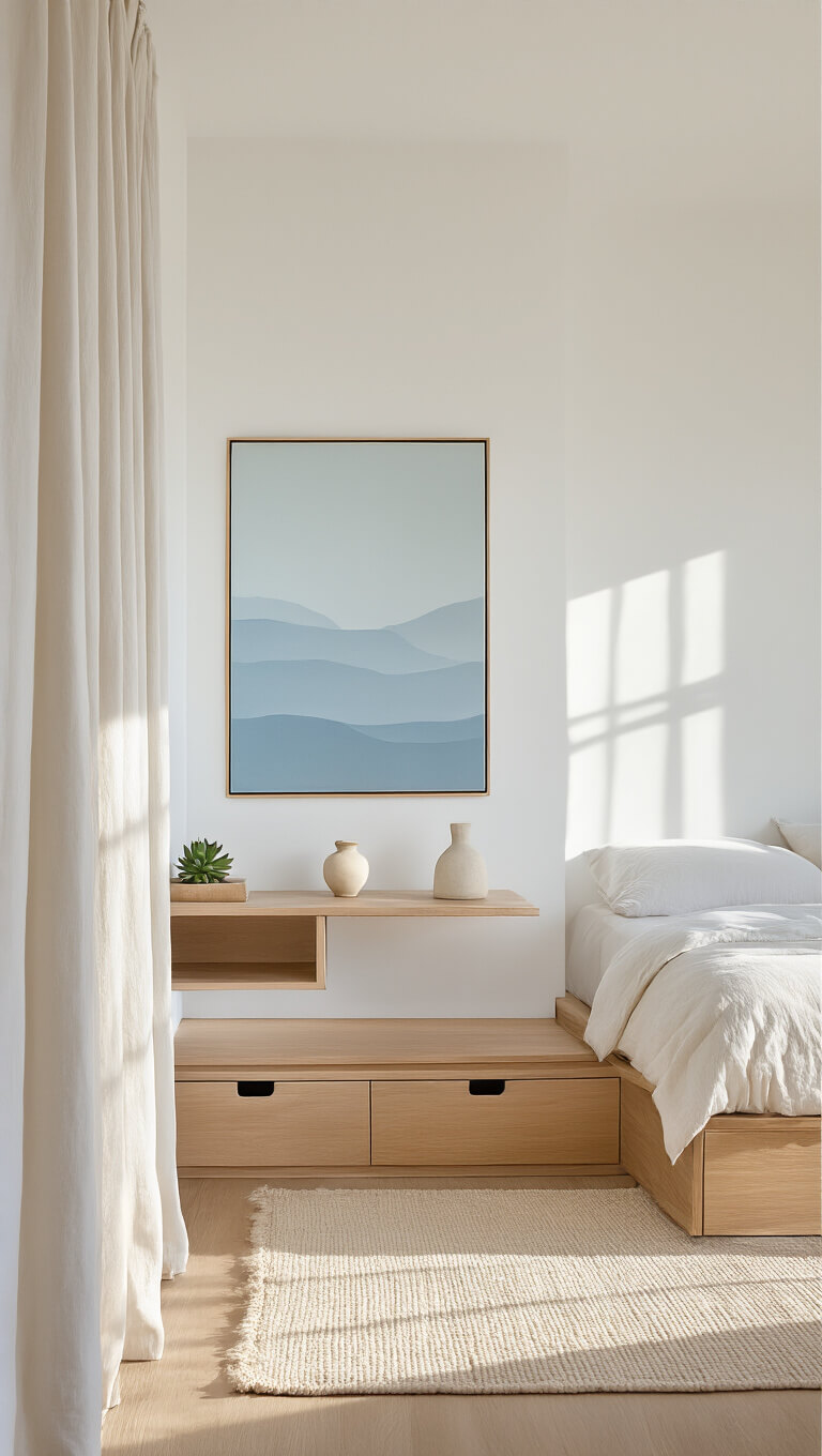 Minimalist 12x14ft bedroom with platform bed, light oak floors, and golden hour lighting through sheer curtains.