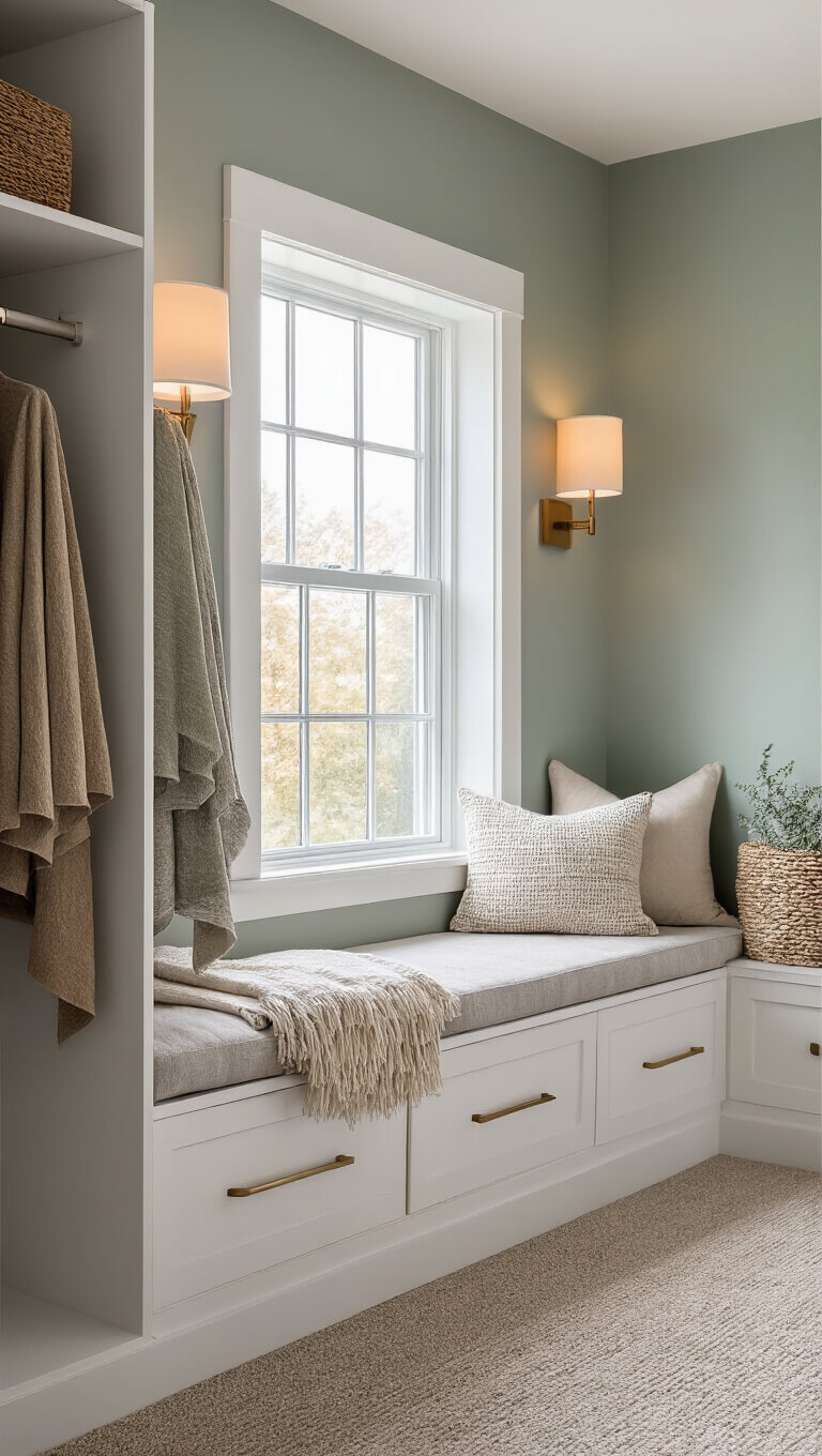 Corner view of a small 10x12ft bedroom with floor-to-ceiling white shelves, window seat, ladder rack with neutral throws, and sage green accent wall in soft morning light.