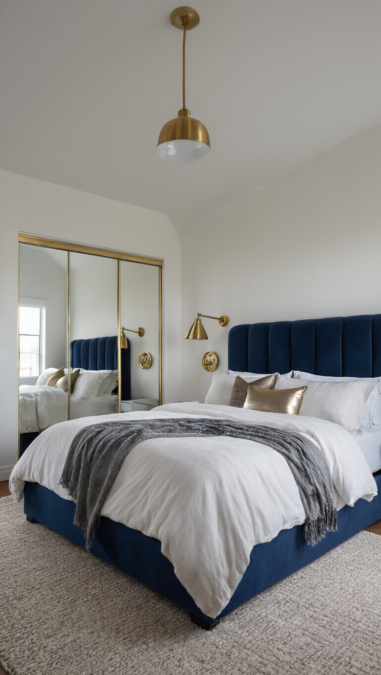 Cozy 8x10ft bedroom nook with navy velvet headboard, white walls, brass reading lights, and layered bedding, reflected in mirrored closet doors.