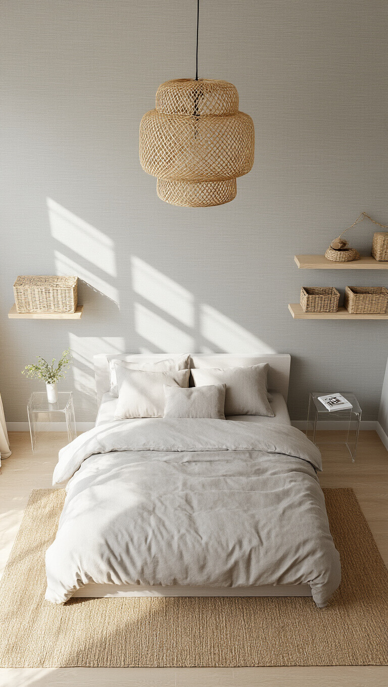 Sunlit Scandinavian-style bedroom with hidden-storage bed, jute rug, lucite side table, and rattan pendant lamp casting shadows.