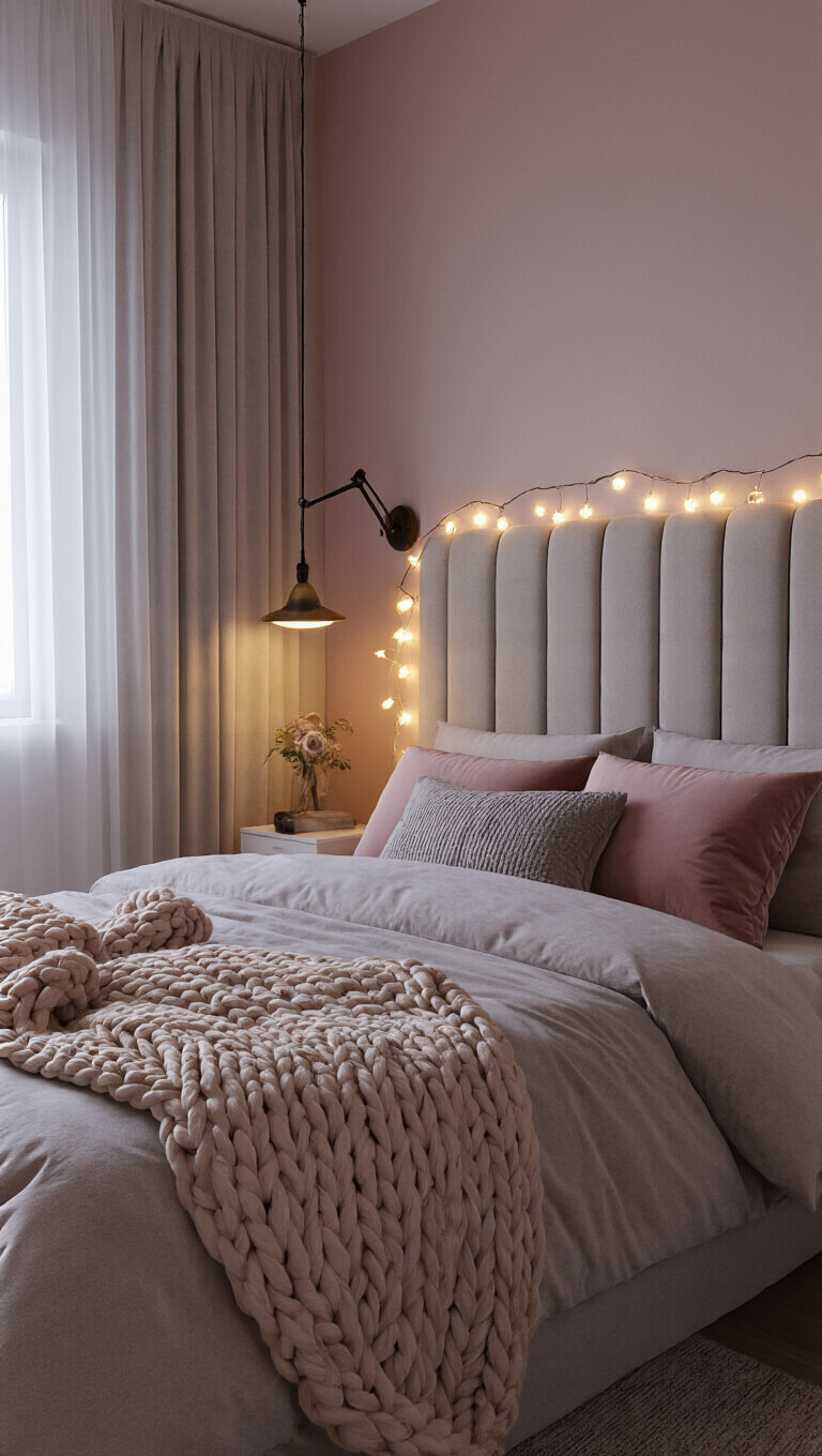 Cozy 9x11ft bedroom at dusk with blush pink accent wall, channel-tufted headboard, string lights, swing-arm lamps, and layered textiles creating a warm, intimate atmosphere.
