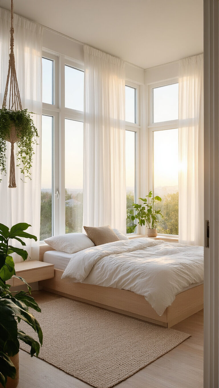Sunlit 12x12ft bedroom with floor-to-ceiling windows, sheer white curtains, bleached oak platform bed, and hanging macramé plant holders.