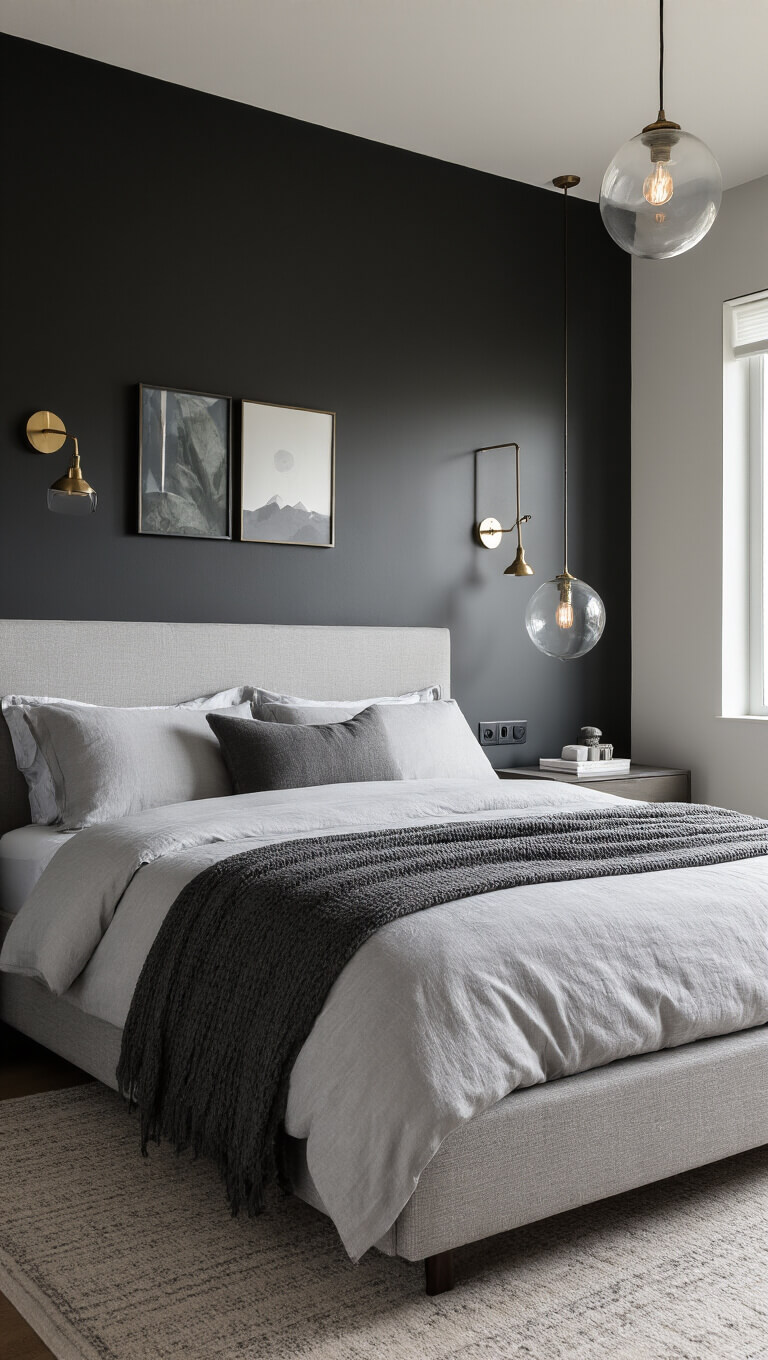 Modern 10x14ft bedroom with charcoal feature wall, light gray upholstered bed, brass sconces, pendant lights, and minimal art above headboard during blue hour.