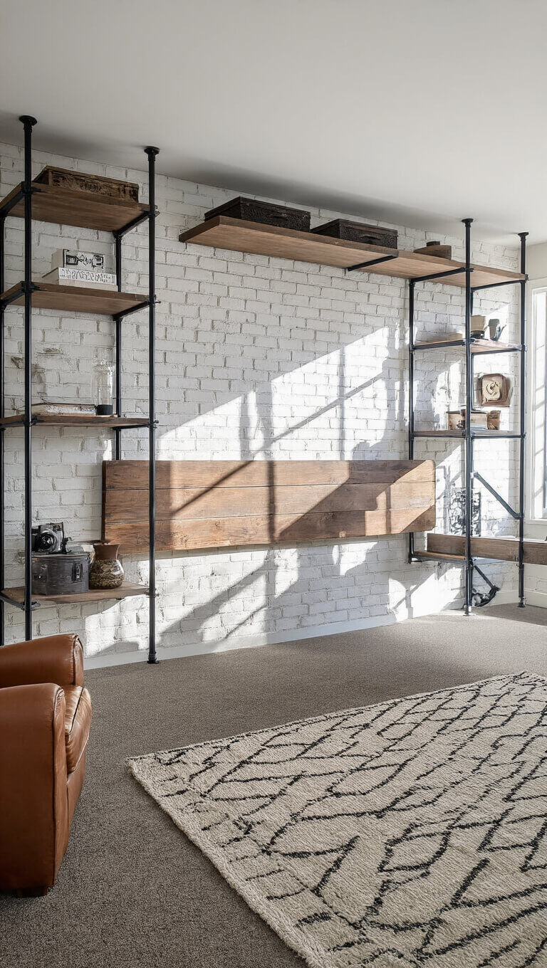 Compact 8x12ft bedroom with dramatic afternoon light, white brick accent wall, floating wooden headboard, industrial black metal shelving, layered neutral geometric rugs, and mixed materials of leather, metal, wood, and cotton.