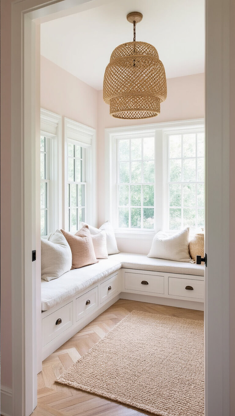 Light-filled 11x11ft bedroom with white-pink walls, herringbone wood floors, built-in window seat, and rattan pendant casting shadows.