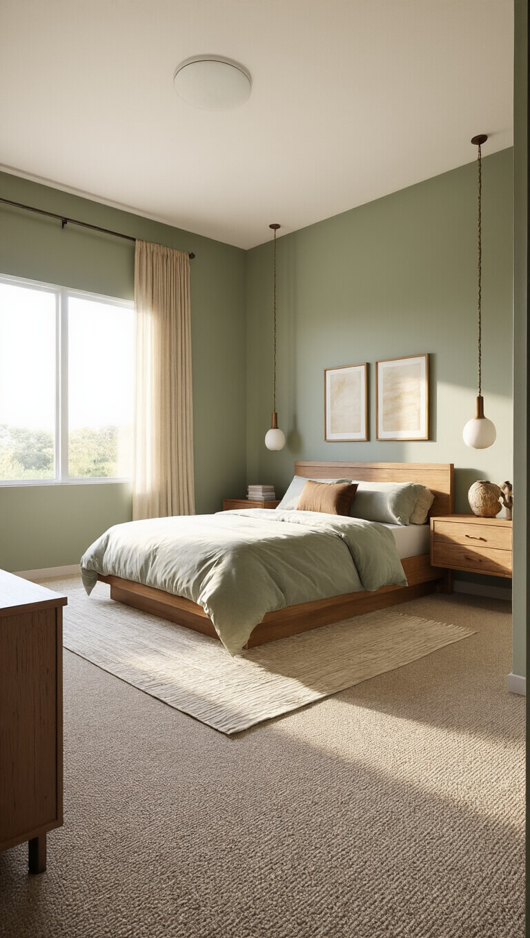 Sunset-lit serene 10x13ft bedroom with sage green walls, warm wood accents, low-profile bed, floating bedside tables, floor mirror, silk curtains, wool carpet, and ceramic decor.