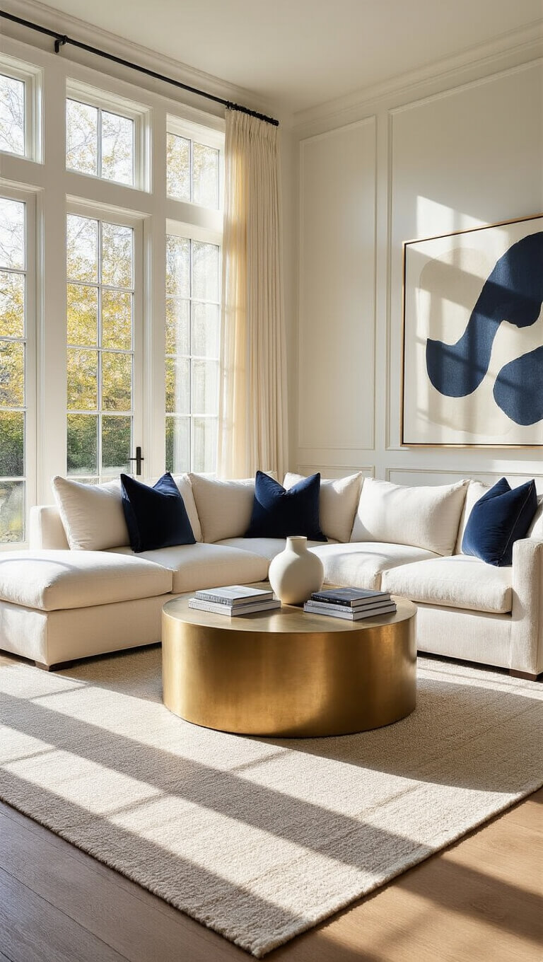 Bright 20x24ft living room at golden hour with oak floors, cream sectional, brass coffee table, abstract art, and sunlight streaming through floor-to-ceiling windows.