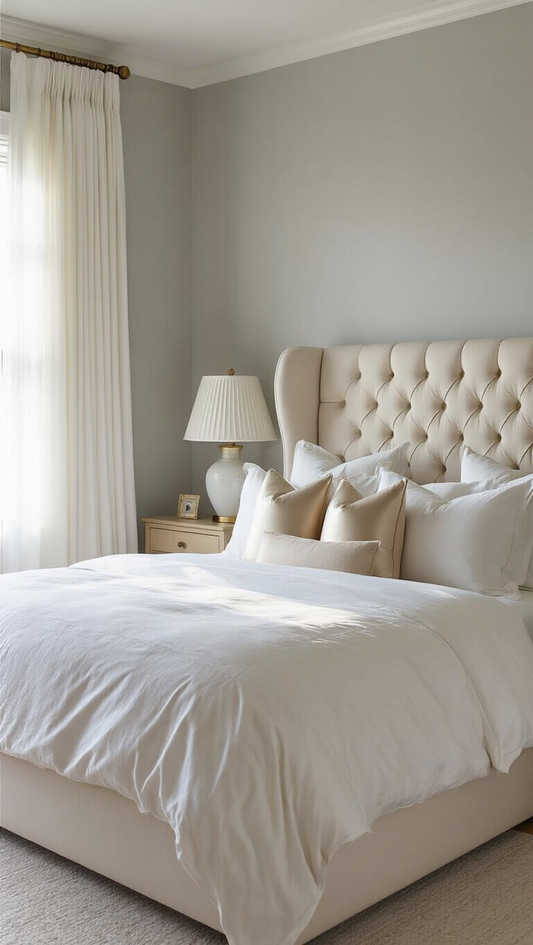 Primary bedroom at dawn with soft light filtering through sheer curtains, highlighting a tufted cream leather headboard, white linens, champagne silk pillows, and brass bedside tables with ceramic lamps.