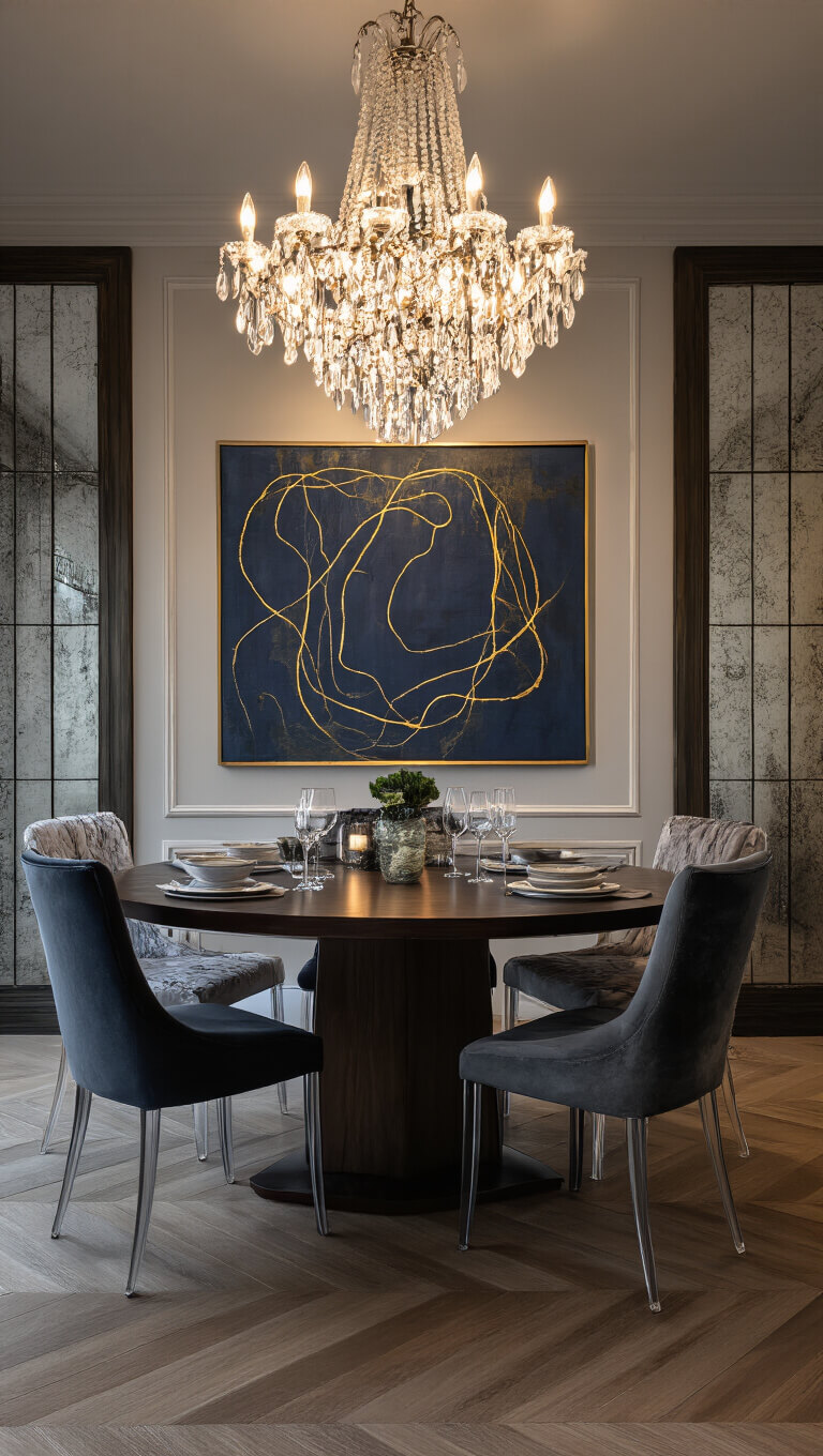 Elegant dining room at dusk with crystal chandelier, dark walnut table, ghost and charcoal velvet chairs, abstract navy and gold artwork, mirror panels, and herringbone hardwood floors.