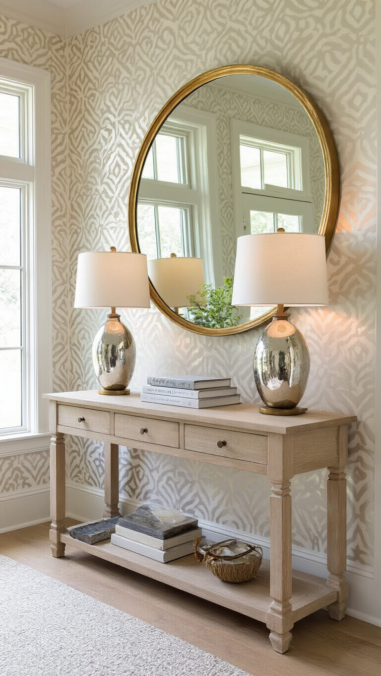 Traditional entryway with console table, mercury glass lamps, brass round mirror, and geometric cream wallpaper illuminated by afternoon light.